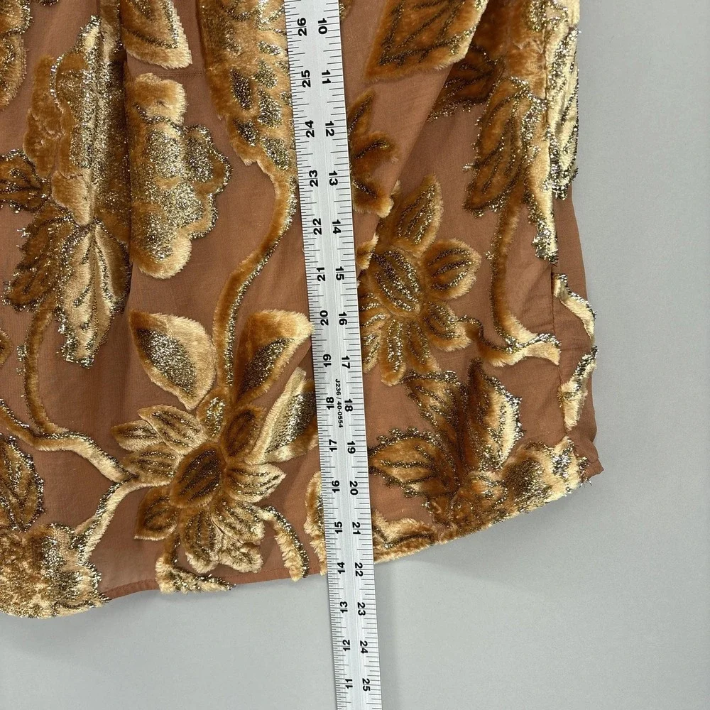 Ulla Johnson Blouse 2 Brown Floral Velvet Puff Sleeve Tunic Top Metallic Party